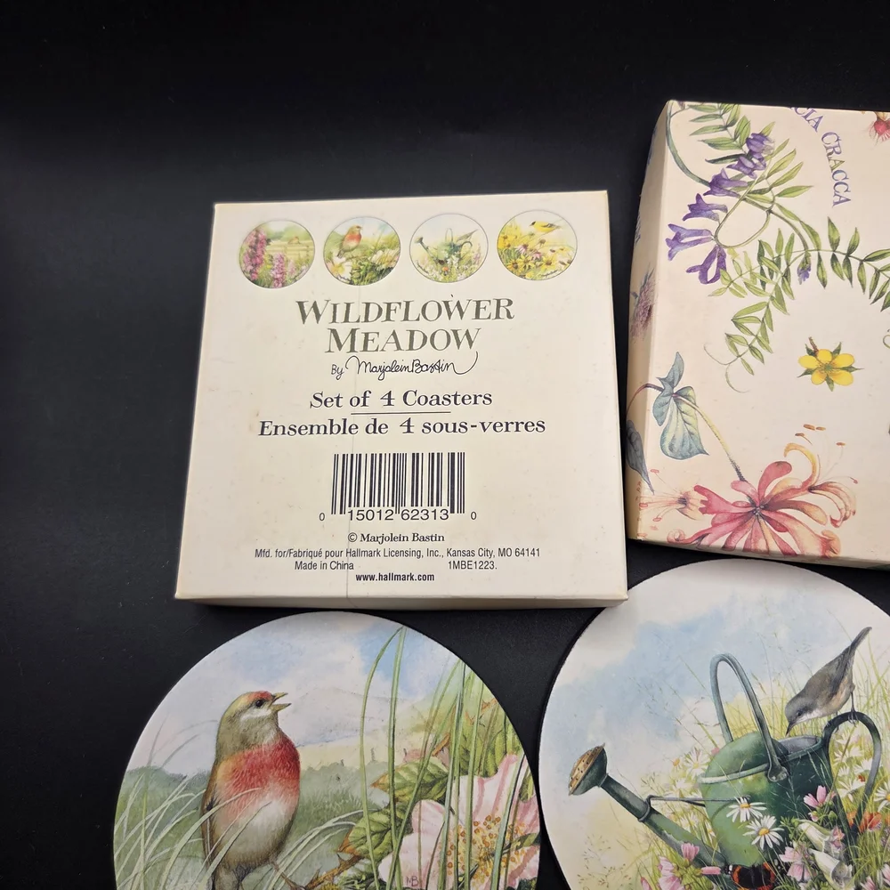 Marjolein Bastin Wildflower Meadow Coasters Set of 4 Birds Flowers Cork Base